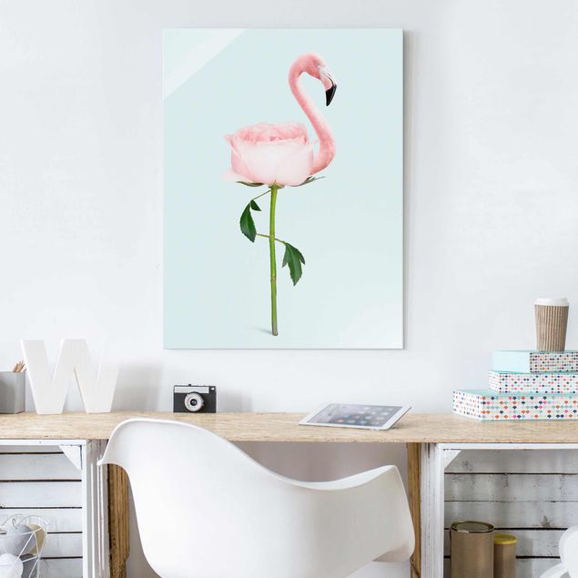 Glasbild Rose Flamingo mit Rose