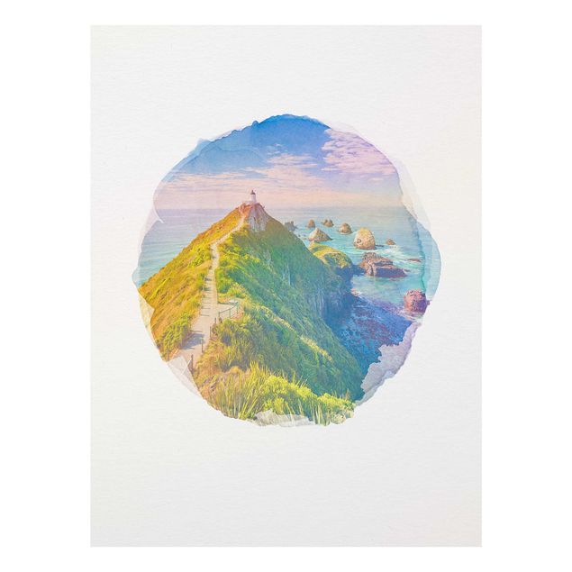 XXL Glasbilder Wasserfarben - Nugget Point Leuchtturm und Meer Neuseeland