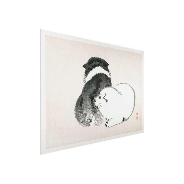Glasbild Tiere Asiatische Vintage Zeichnung Schwarze und weiße Hündchen