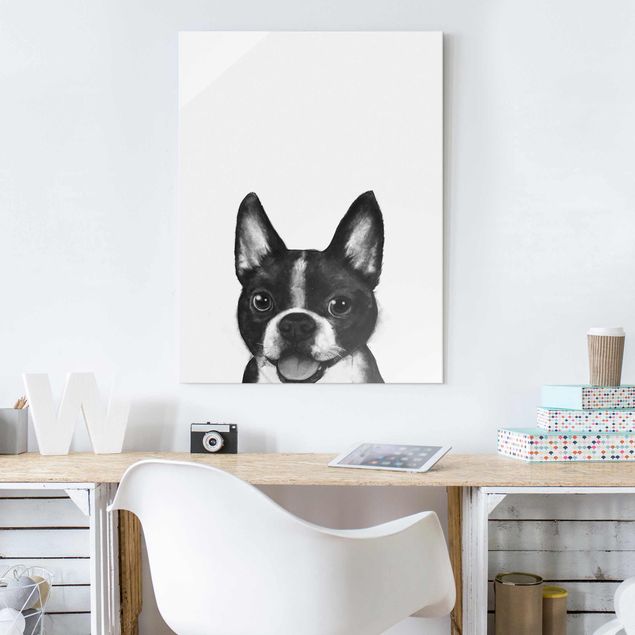 Glasbild - Illustration Hund Boston Schwarz Weiß Malerei - Hochformat 4:3