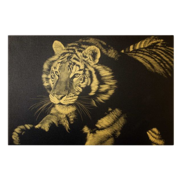 Leinwandbild Gold - Tiger im Sonnenlicht vor Schwarz - Querformat 3:2
