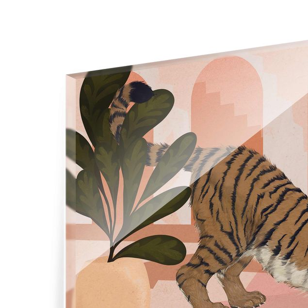 Glasbild - Illustration Tiger in Pastell Rosa Malerei - Querformat 2:3