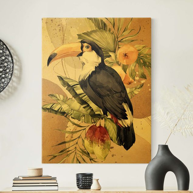 Leinwandbild Gold - Tropische Vögel - Tukan - Hochformat 3:4