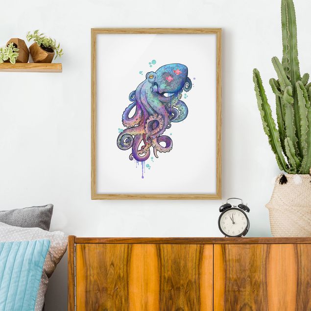 Kunstdruck Bilder mit Rahmen Illustration Oktopus Violett Türkis Malerei