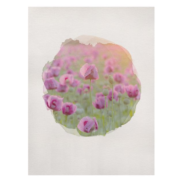 Schöne Wandbilder Wasserfarben - Violette Schlafmohn Blumenwiese im Frühling