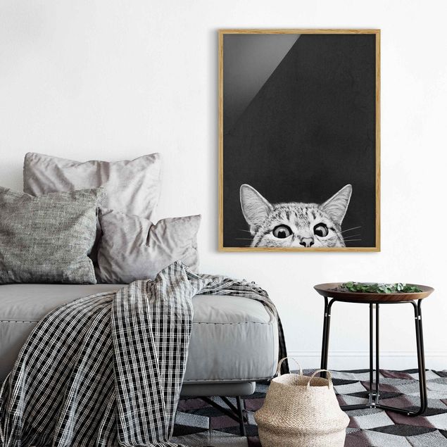 Gerahmte Bilder Schwarz-Weiß Illustration Katze Schwarz Weiß Zeichnung