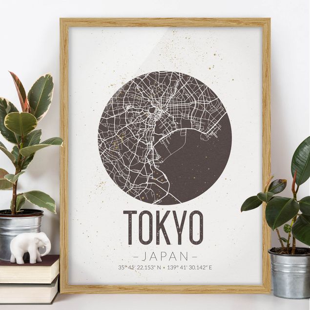 Gerahmte Bilder Schwarz-Weiß Stadtplan Tokyo - Retro