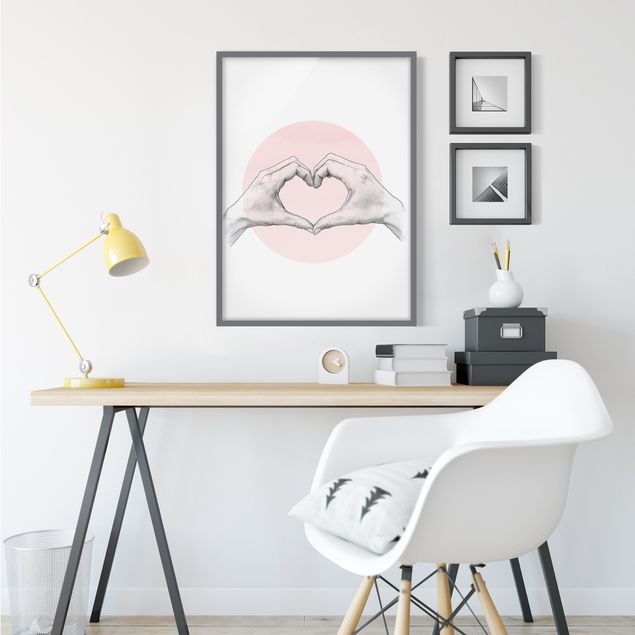 Wandbilder mit Rahmen Illustration Herz Hände Kreis Rosa Weiß