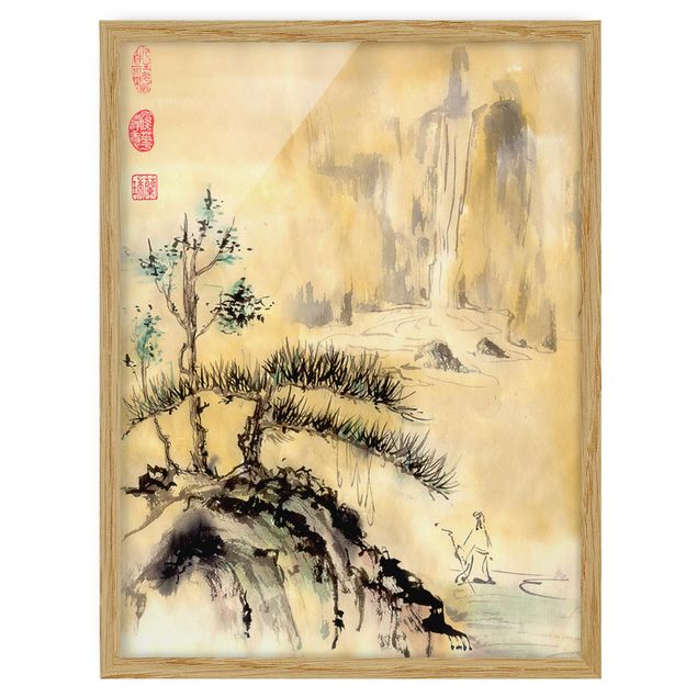 Bilder für die Wand Japanische Aquarell Zeichnung Zedern und Berge