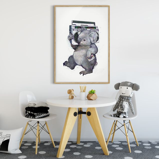 Gerahmte Kunstdrucke Illustration Koala mit Radio Malerei