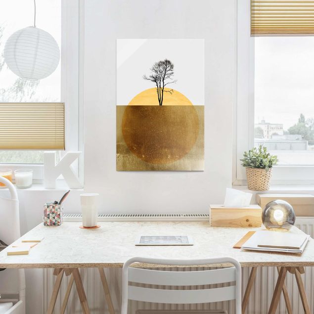 Glasbild Natur Goldene Sonne mit Baum