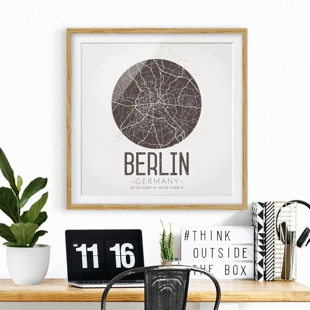 Bilder mit Rahmen Schwarz-Weiß Stadtplan Berlin - Retro