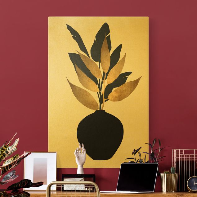 Wandbilder Blumen Grafische Pflanzenwelt - Gold und Schwarz
