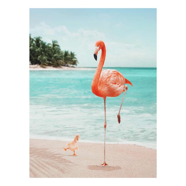 Glasbilder Blumen Strand mit Flamingo