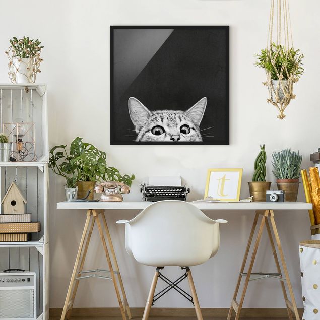 Gerahmte Kunstdrucke Illustration Katze Schwarz Weiß Zeichnung