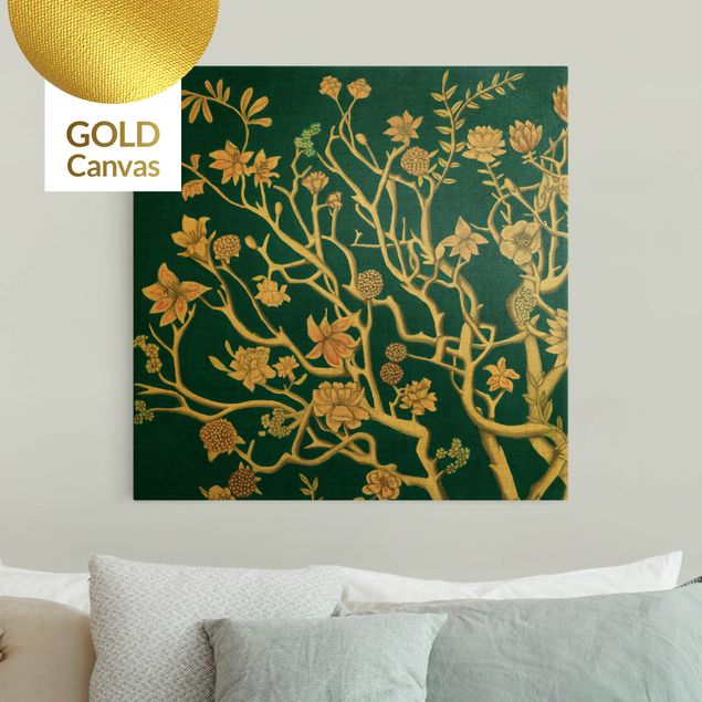 Leinwandbild Gold - Chinoiserie Blumen in der Nacht I - Quadrat 1:1