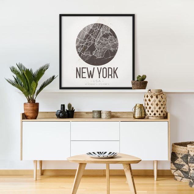 Weltkarte mit Bilderrahmen Stadtplan New York - Retro