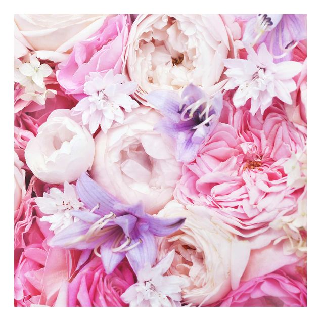 Glasbilder Natur Shabby Rosen mit Glockenblumen