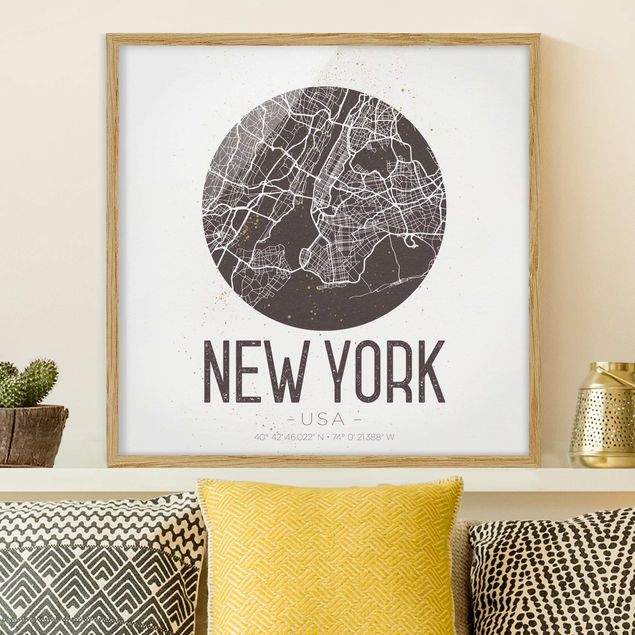 Gerahmte Bilder Schwarz-Weiß Stadtplan New York - Retro
