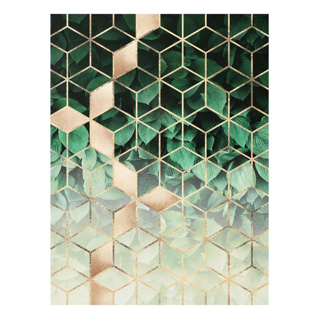 Glasbilder Abstrakt Grüne Blätter goldene Geometrie