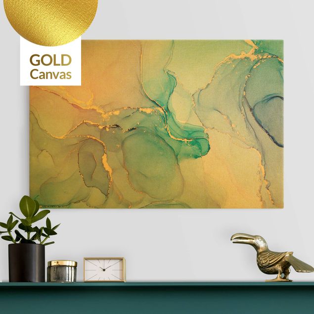 Leinwandbild Gold - Aquarell Pastell Türkis mit Gold - Querformat 3:2