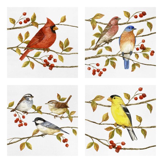 Leinwand Kunstdruck Vögel und Beeren Set II