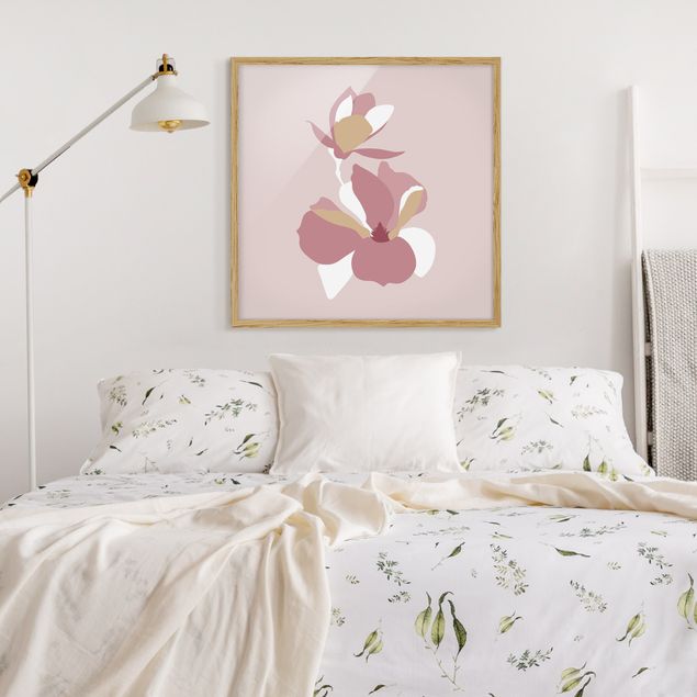 Kunstdruck Bilder mit Rahmen Line Art Blüten Pastell Rosa