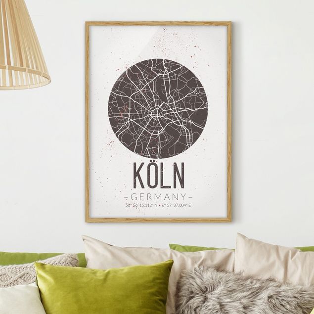 Bilder mit Rahmen Schwarz-Weiß Stadtplan Köln - Retro