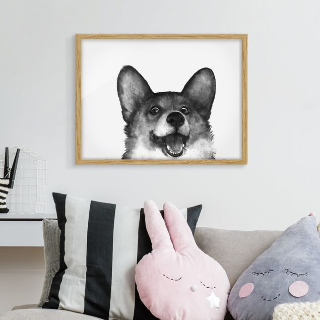 Gerahmte Bilder Schwarz-Weiß Illustration Hund Corgi Weiß Schwarz Malerei