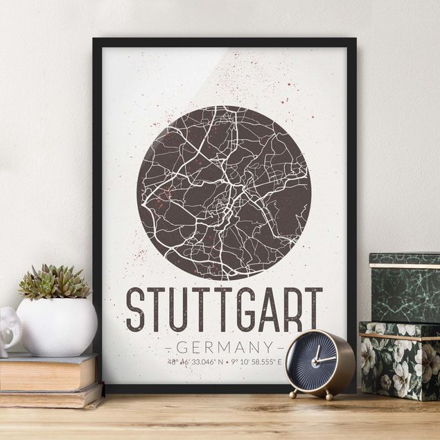 Bilder mit Rahmen Schwarz-Weiß Stadtplan Stuttgart - Retro