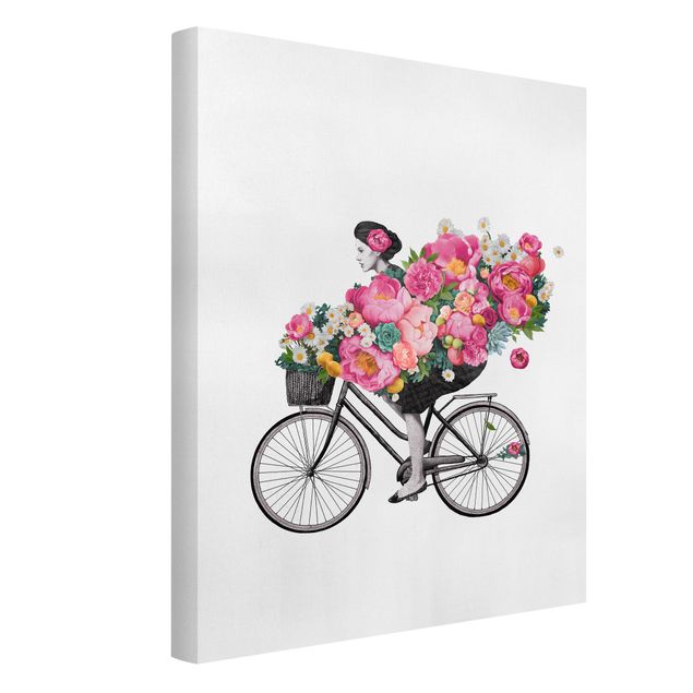 Leinwandbild Kunstdruck Illustration Frau auf Fahrrad Collage bunte Blumen