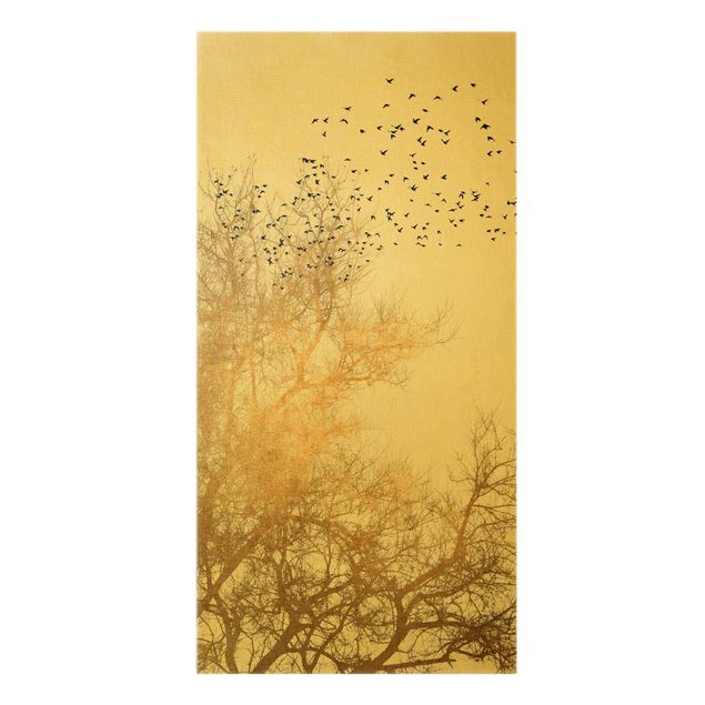 Leinwandbild Gold - Vogelschwarm vor goldenem Baum - Hochformat 1:2