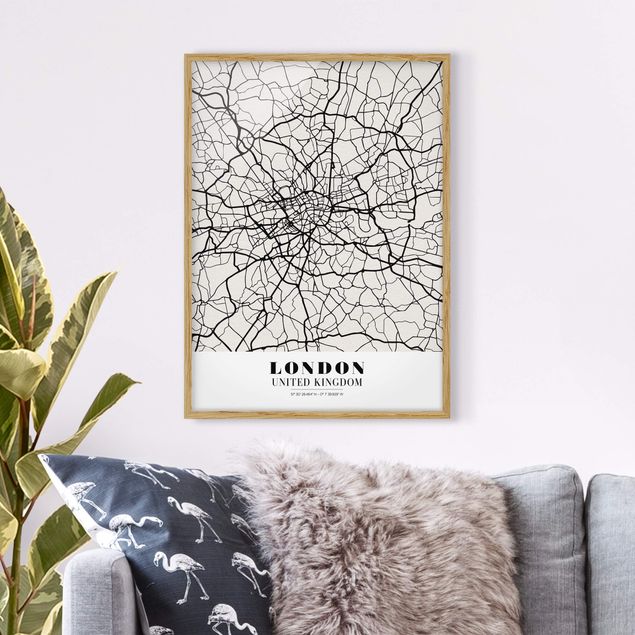 Bilder mit Rahmen Schwarz-Weiß Stadtplan London - Klassik