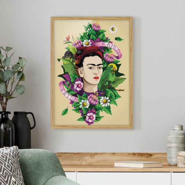 Bilder mit Rahmen Blumen Frida Kahlo - Frida, Äffchen und Papagei