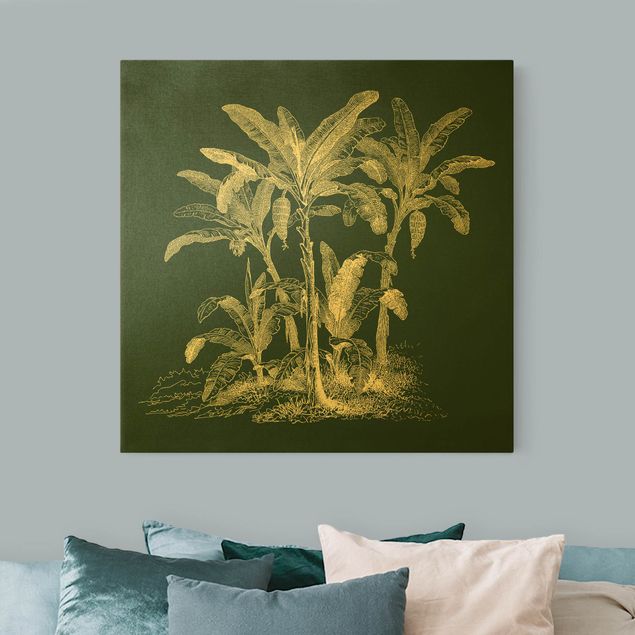 Leinwandbild Gold - Illustration Bananenpalmen auf Grün - Quadrat 1:1