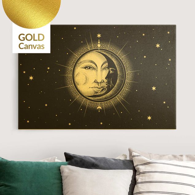 Leinwandbild Gold - Vintage Sonne und Mond Illustration - Querformat 3:2