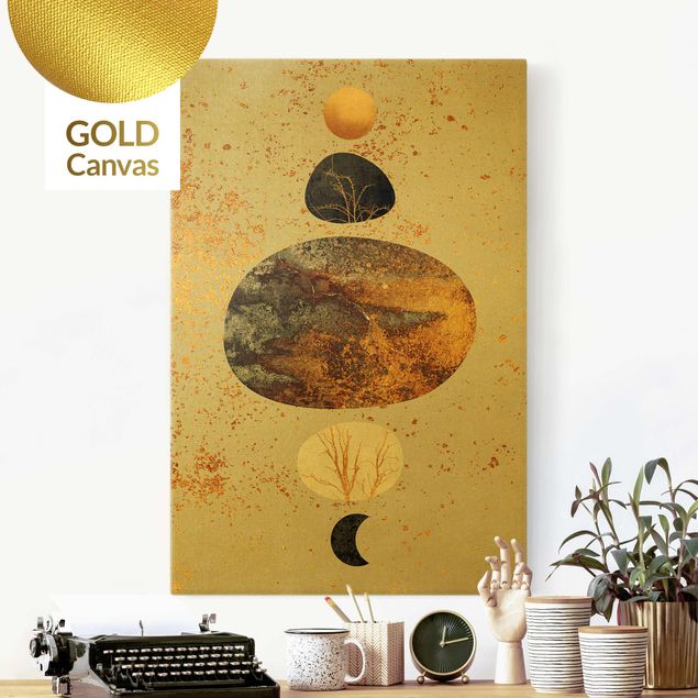 Leinwandbild Gold - Sonne und Mond in Goldglanz - Hochformat 2:3