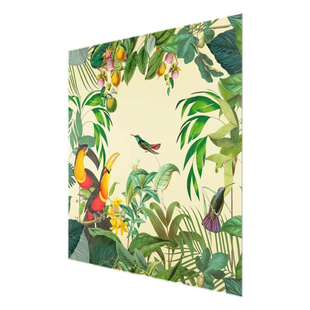 Glasbilder Vintage Collage - Vögel im Dschungel