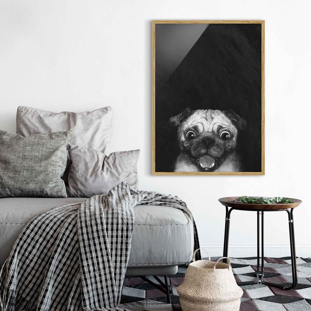Bilder mit Rahmen Schwarz-Weiß Illustration Hund Mops Malerei auf Schwarz Weiß