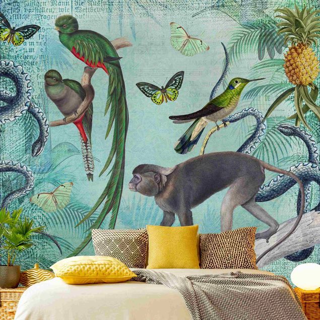 Wandtapete Tiere Colonial Style Collage - Äffchen und Paradiesvögel