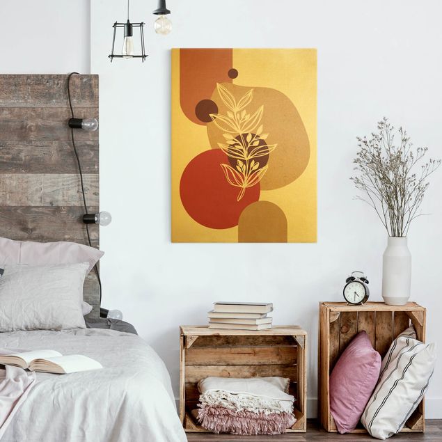 Moderne Leinwandbilder Wohnzimmer Geometrische Formen - Blätter Pink Gold