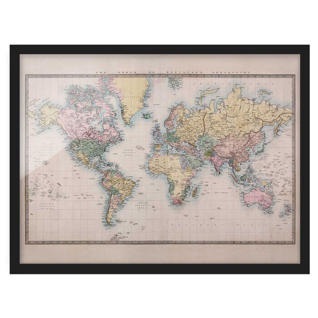 Bilder mit Rahmen Vintage Weltkarte um 1850