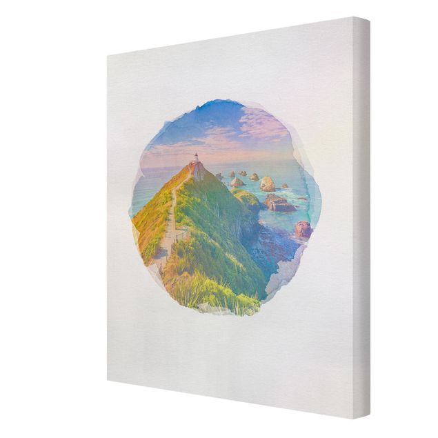 Bilder für die Wand Wasserfarben - Nugget Point Leuchtturm und Meer Neuseeland