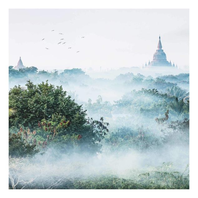Glas Wandbilder Morgennebel über dem Dschungel von Bagan