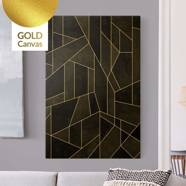 Leinwandbild Gold - Schwarz Weiß Geometrie Aquarell - Hochformat 2:3