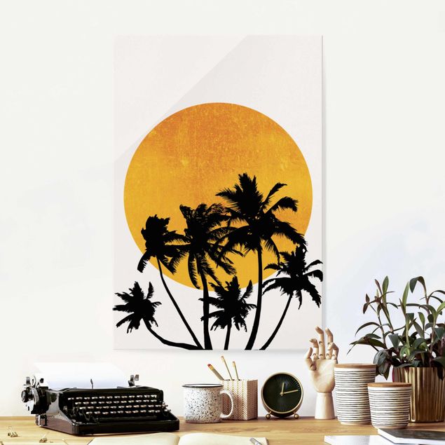 Glasbilder Sonnenuntergang Palmen vor goldener Sonne