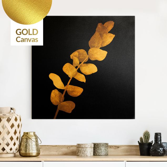 Leinwandbild Gold - Gold - Eukalyptus auf Schwarz - Quadrat 1:1