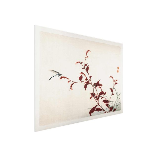 Natur Glasbilder Asiatische Vintage Zeichnung Roter Zweig mit Libelle