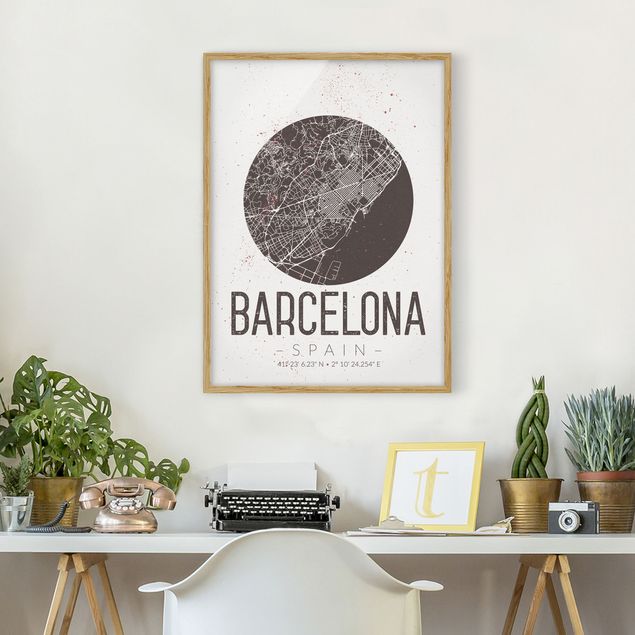 Sprüche Bilder mit Rahmen Stadtplan Barcelona - Retro