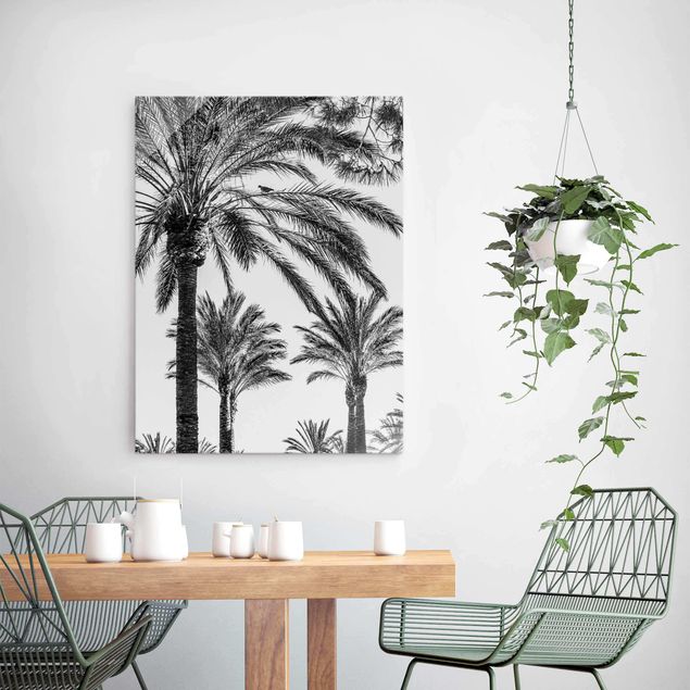 Glasbilder Natur Palmen im Sonnenuntergang Schwarz-Weiß